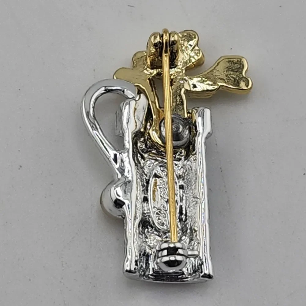 Signed‎ Danecraft Two Tone Golf Bag Rhinestone Pearl Brooch Gold Silver